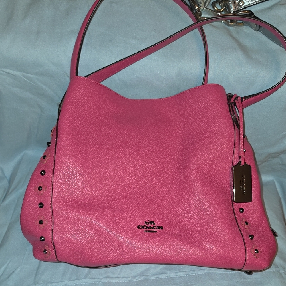 Coach Pebble Leather Shoulder Bag in Hot Pink with Stud Accents